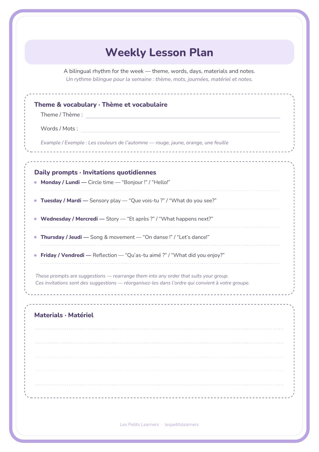 Weekly lesson plan template — Preview