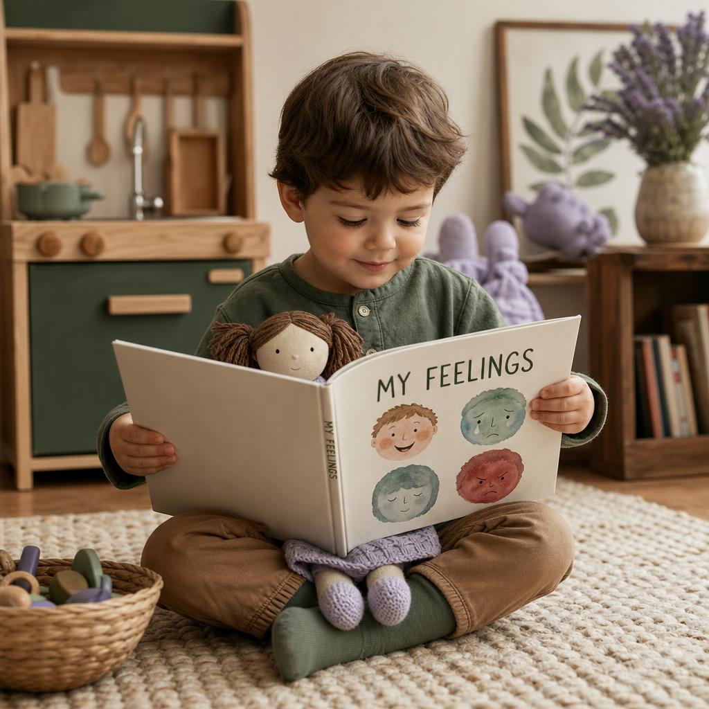 Pretend play with a cloth doll — naming feelings in French and English.