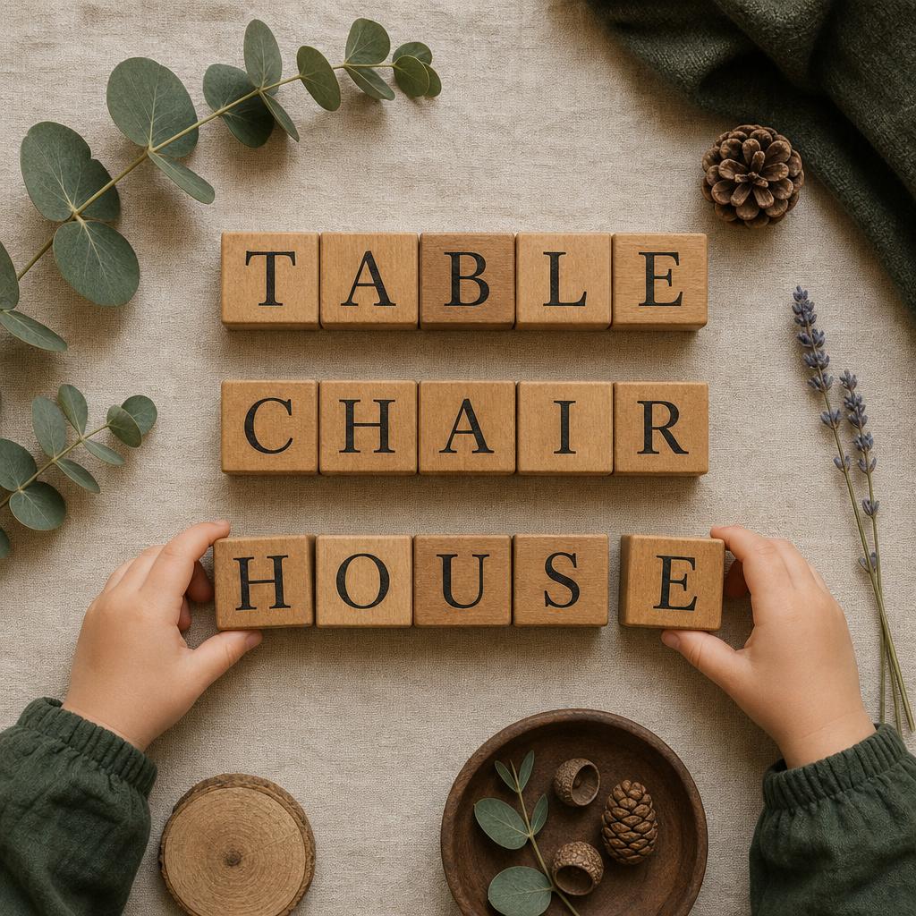 Wooden letters and nature finds — early literacy in French and English.